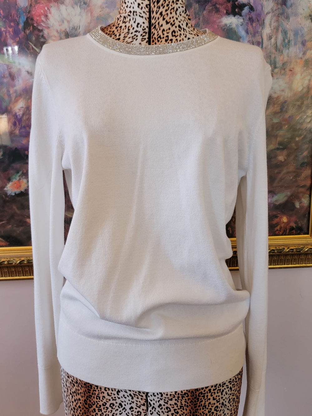 Tommy Hilfiger White Crewneck Sweater with Rhinestone Trim